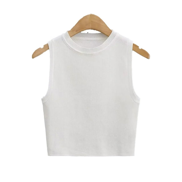 YTDSCS Gilet Chandail pour Femmes Col Rond Tricoté Été Chandail T-Shirt Extensible Couleur Unie Hauts S-L