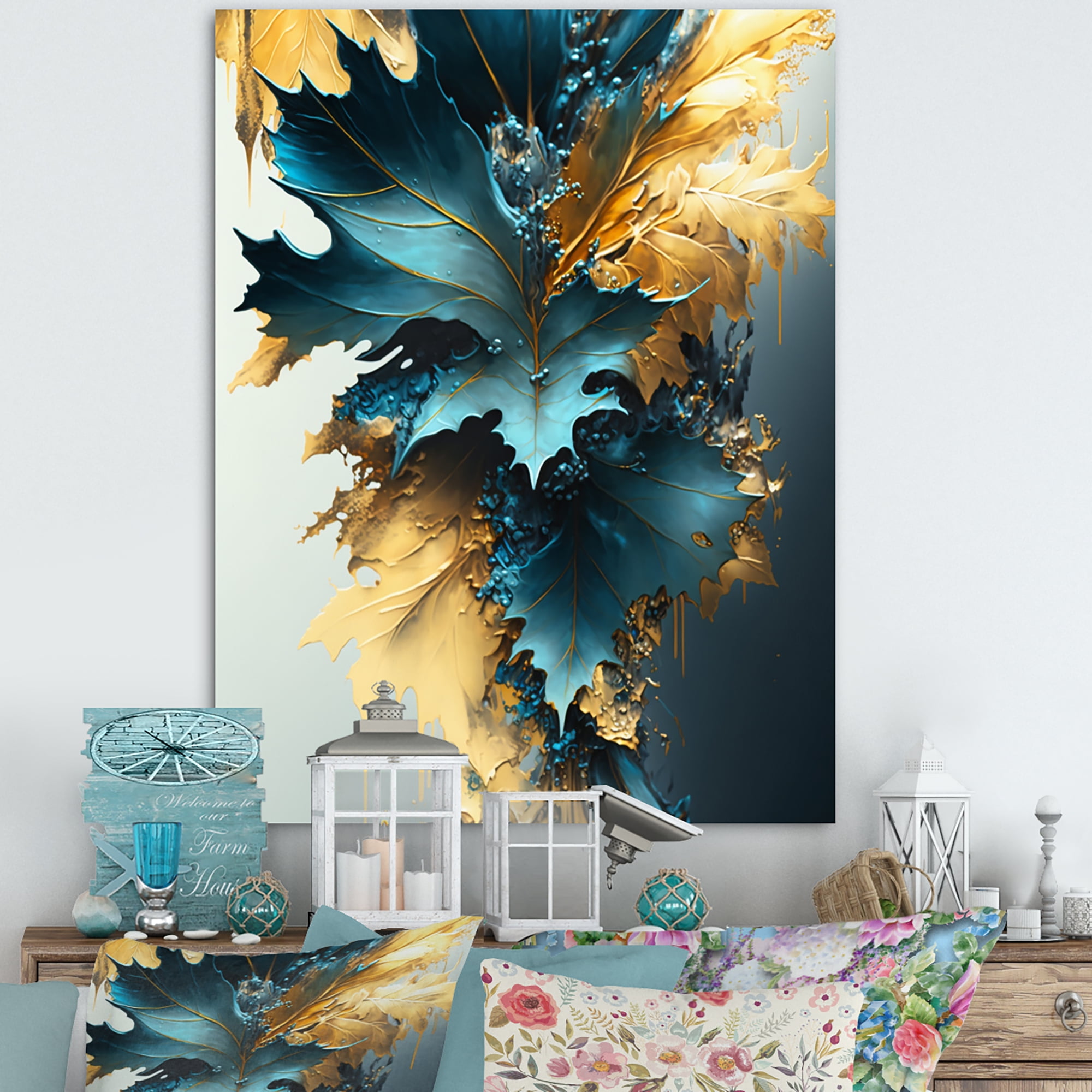 Designart Abstract Blue And Gold Leaves II Canvas Wall Art