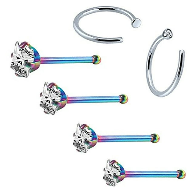 BodyJ4You 6PCS Nose Rings Studs Hoop 20G Stainless Steel Rainbow Bone Pin Body Piercing Jewelry (0.8mm)