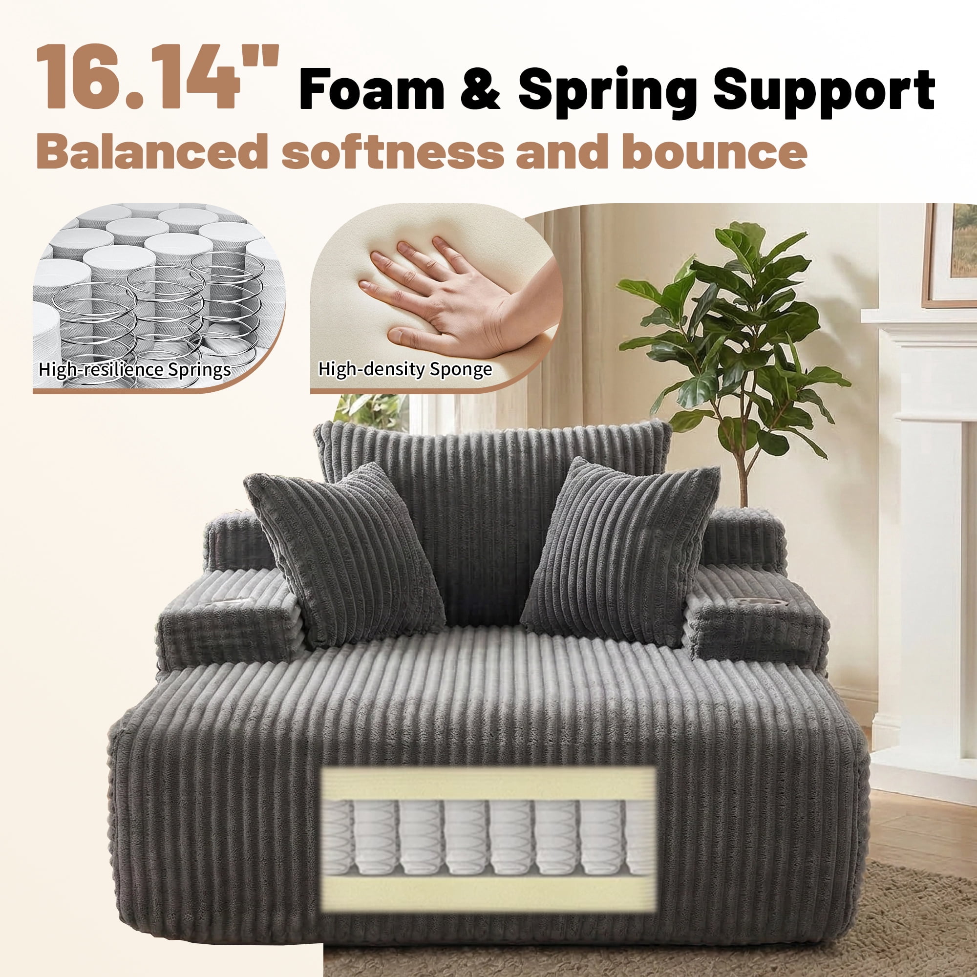 66 Inch Chaise Lounge Chair for Indoor Use, Oversized Corduroy Upholstered Boneless Sofa Bed, Deep Seat Sleeper Couch, No Assembly Required，800lb Support gray
