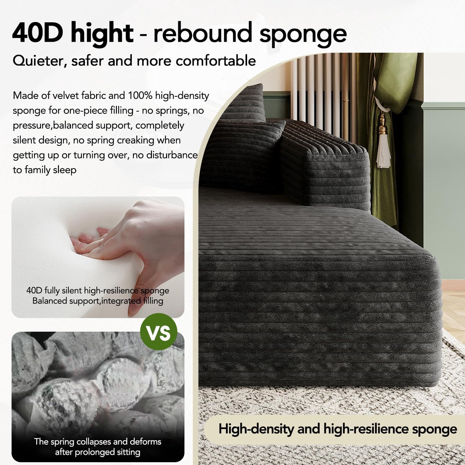 103" Cloud Sectional Sofa, Modern L Shaped Deep Seat Couch, Plush Corduroy Upholstered Sofa No Assembly, Living Room
