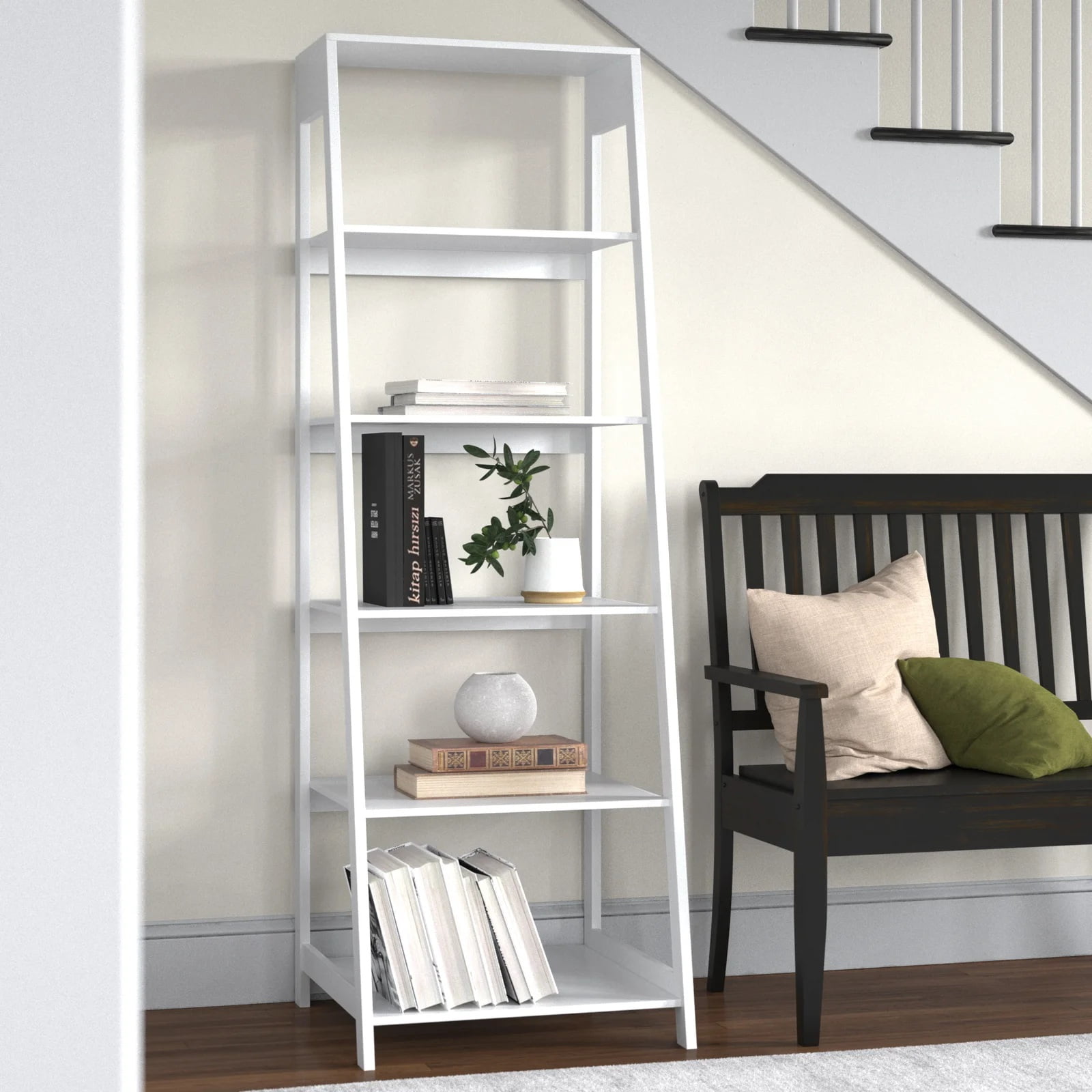 Lavish Home 5-Tier Ladder Bookshelf - Freestanding Wooden Bookcase Frame with Leaning Look - Shelves for Home and Office Storage, White
