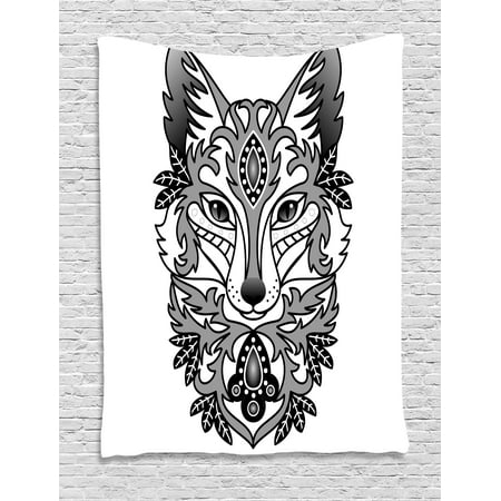 Fox Tapestry, Ornamental Fox Face with Tree Leaves Oval Shapes Dots Floral Curves Art Print, Wall Hanging for Bedroom Living Room Dorm Decor, Grey Black White, by