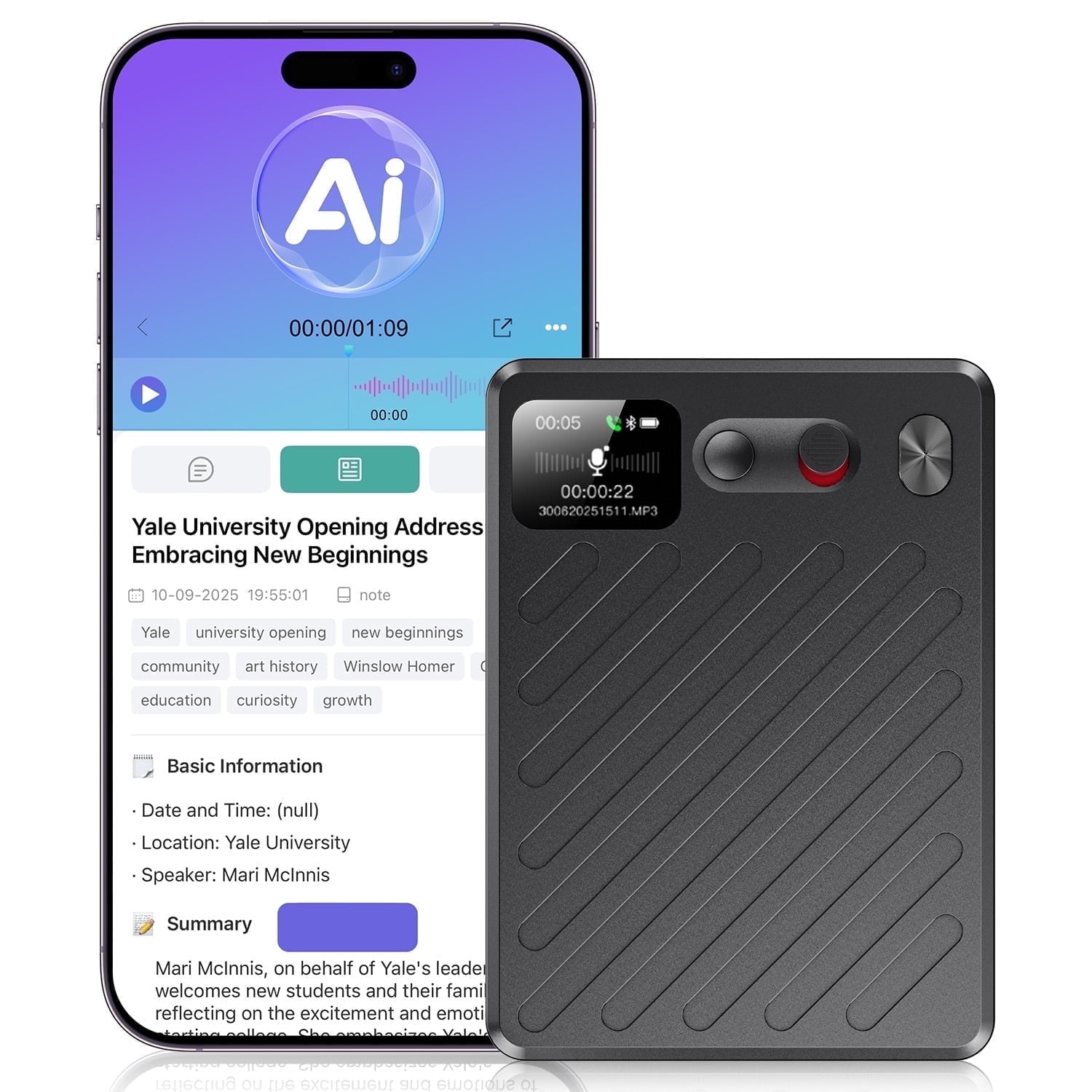 AI Voice Recorder, Real-Time Transcribe & Summarize, Real time translation of audio and video, Noise Cancellation Technology, 132 Languages, 100H Continious Record, for Meetings, Lectures, Calls 64GB