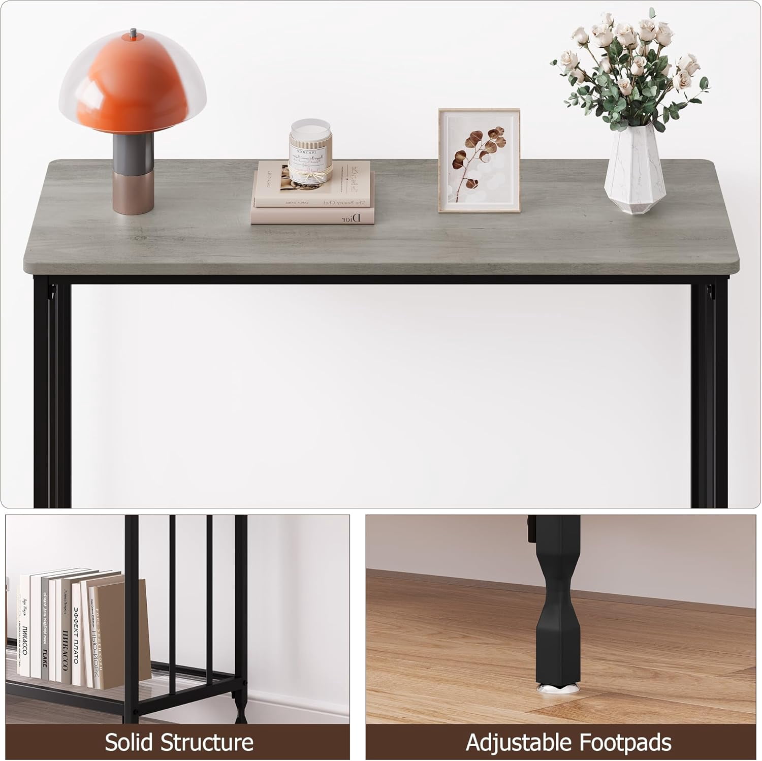Console Table, Sofa Tables Narrow Entryway Table with Glass Shelf and Metal Frame, 33.5" Behind Couch Table Industrial Hallway Table for Living Room, Foyer, Bedroom, Rustic Grey
