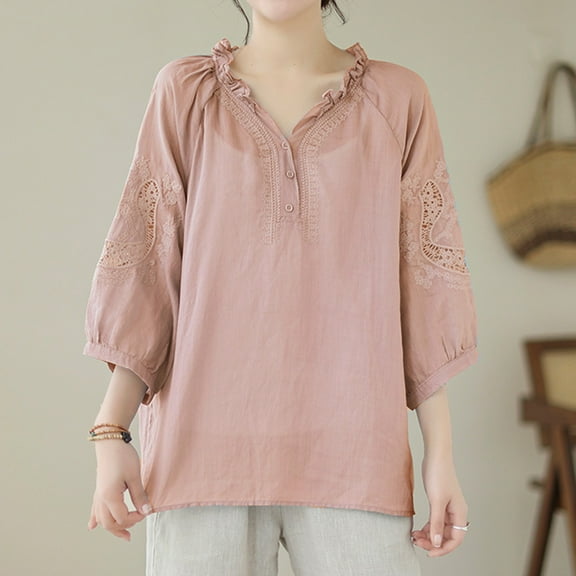 ALLLIST Womens Summer Tops Pink Casual Solid V-Neck Hollow Short Sleeve T-Shirts Womens T Shirts M