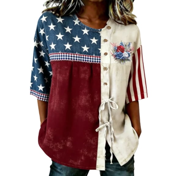 WERYOUNG Women's Casual Short Sleeve T Shirts With Tie Summer Patriotic Graphic Tees For 250th Anniversary Versatile Clothes L