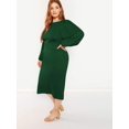 thumbnail image 3 of Vestido ajustado con cinturón y mangas largas tipo farol con cuello redondo para mujer en talla grande, 3 of 6