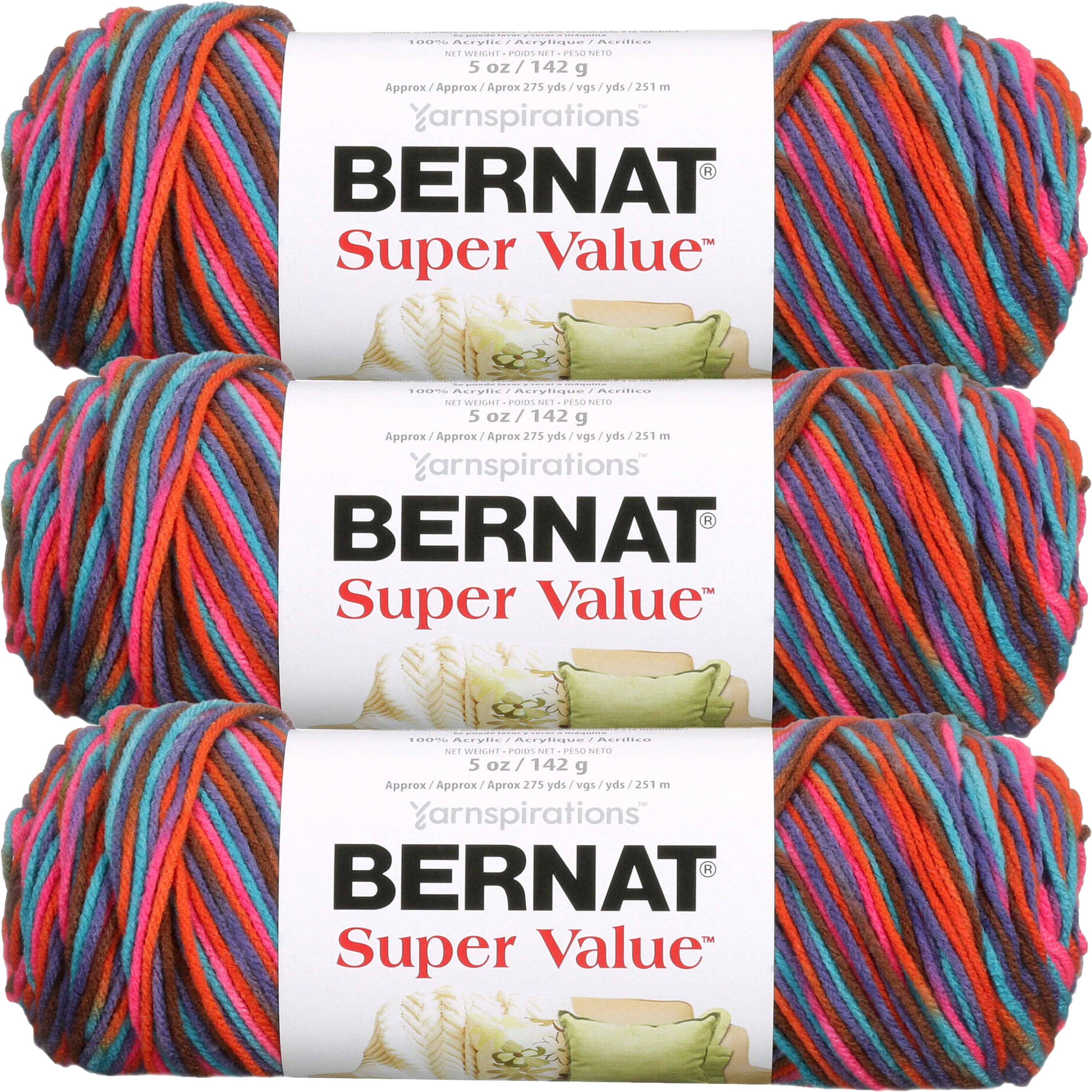 Bernat Super Value Sedona Sunset Variegated Yarn - 3 Pack of 141g/5oz - Acrylic - 4 Medium (Worsted) - 275 Yards - Knitting/Crochet