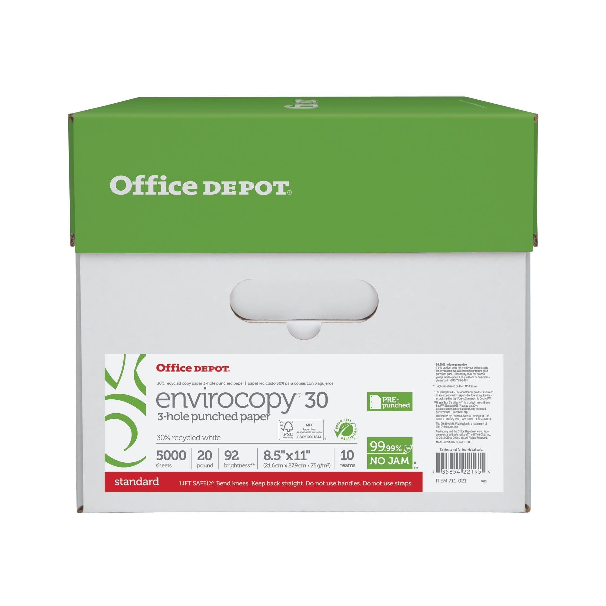 Office Depot® Brand EnviroCopy® FSC Certified Paper, 30 Paper, 3-Hole Punched, Letter Size Paper, 20 Lb, 30% Recycled, FSC Certified, 500 Sheets Per Ream, Case Of 10 Reams