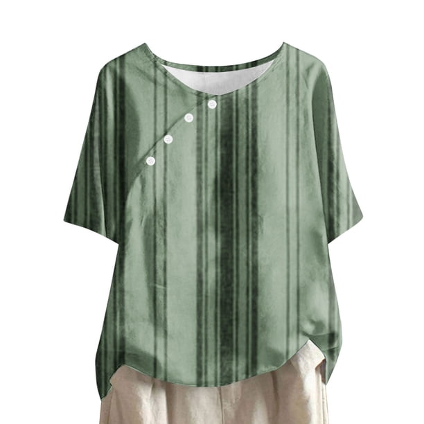 Tops de Lino para Mujeres Imprimir Suéter Cuello Redondo Manga Corta Superior Poliéster, Blusa de Moda Casual para la Primavera Y el Verano