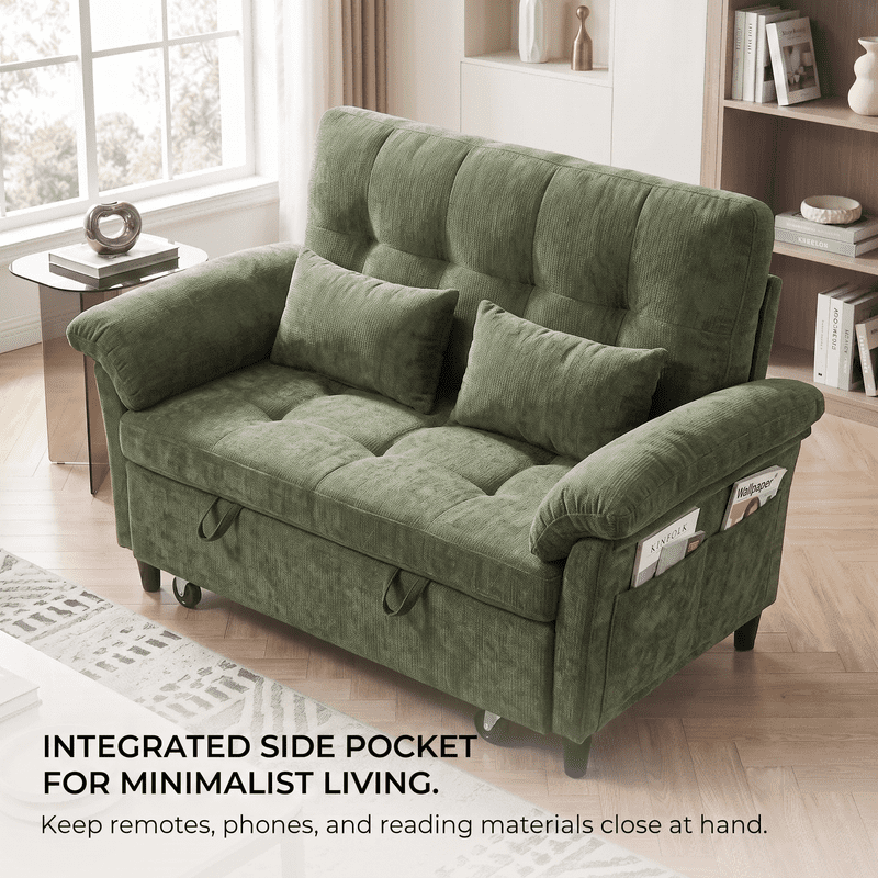 Gewnee 58" Convertible Sofa Bed, Loveseat Sleeper Sofa with USB Ports, Side Table& 6-in-1 Adjustable Backrest, Pull Out Sofa with Pillows for Small Spaces,Chenille(Green)