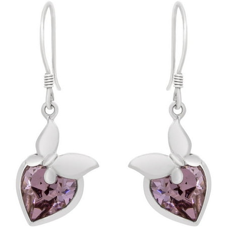Pink Purple Swarovski Crystal Sterling Silver Butterfly Heart Love Designer Dangle Drop French Wire Earrings