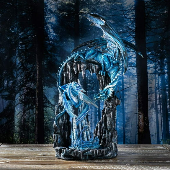 Ebros Gift 20" Blue Frozen Dragon On Cavern with Wyrmling Garden Statues, Decorative