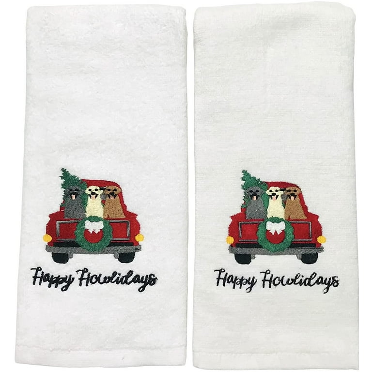 Humorous Christmas Pets Towel Set: Bathroom Hand Towels, Embroidered Dogs in Truck with Tree, Wishing You Dog Gone Holiday Greetings (Happy Howlidays)