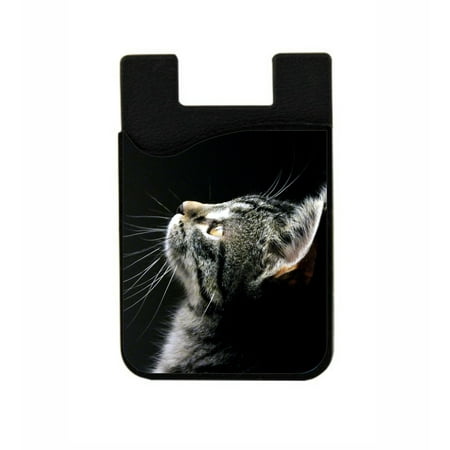 Grey Kitten -  Stick On Adhesive Black Silicon Card Holder/ Pocket for Cell Phones