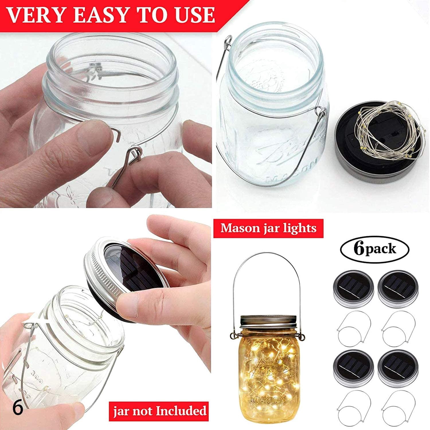 6 Pack Solar Mason Jar Lids String Lights With 6 Hangers, 20 LED Fairy Lights Outdoor For Xmas Party Patio Garden Yard Lawn Wedding Decor Solar Fairy Lanterns Table Lamps, Warm White (No Jars)