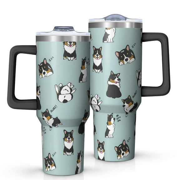 OBREWU Black Corgi Tumbler with Handle and Lid,Black Corgi 40oz Double Wall Vacuum Insulated Tumbler,Cups Gift for Women and Men
