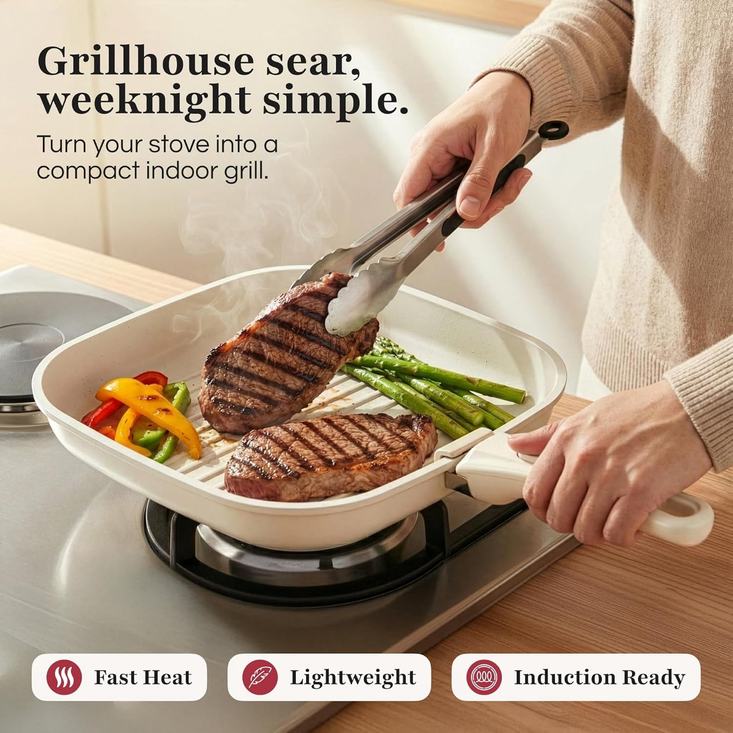 Non-Stick Square Grill Pan for Indoor Cooking - Detachable Handle Aluminum Frying Pan with