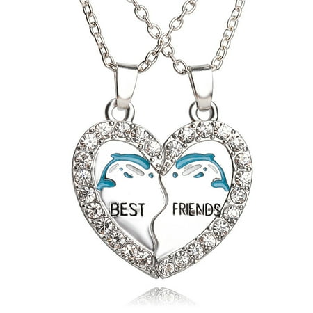 - BEST FRIEND Wave Heart Silver Tone 2 Pendants Necklace BFF Friendship