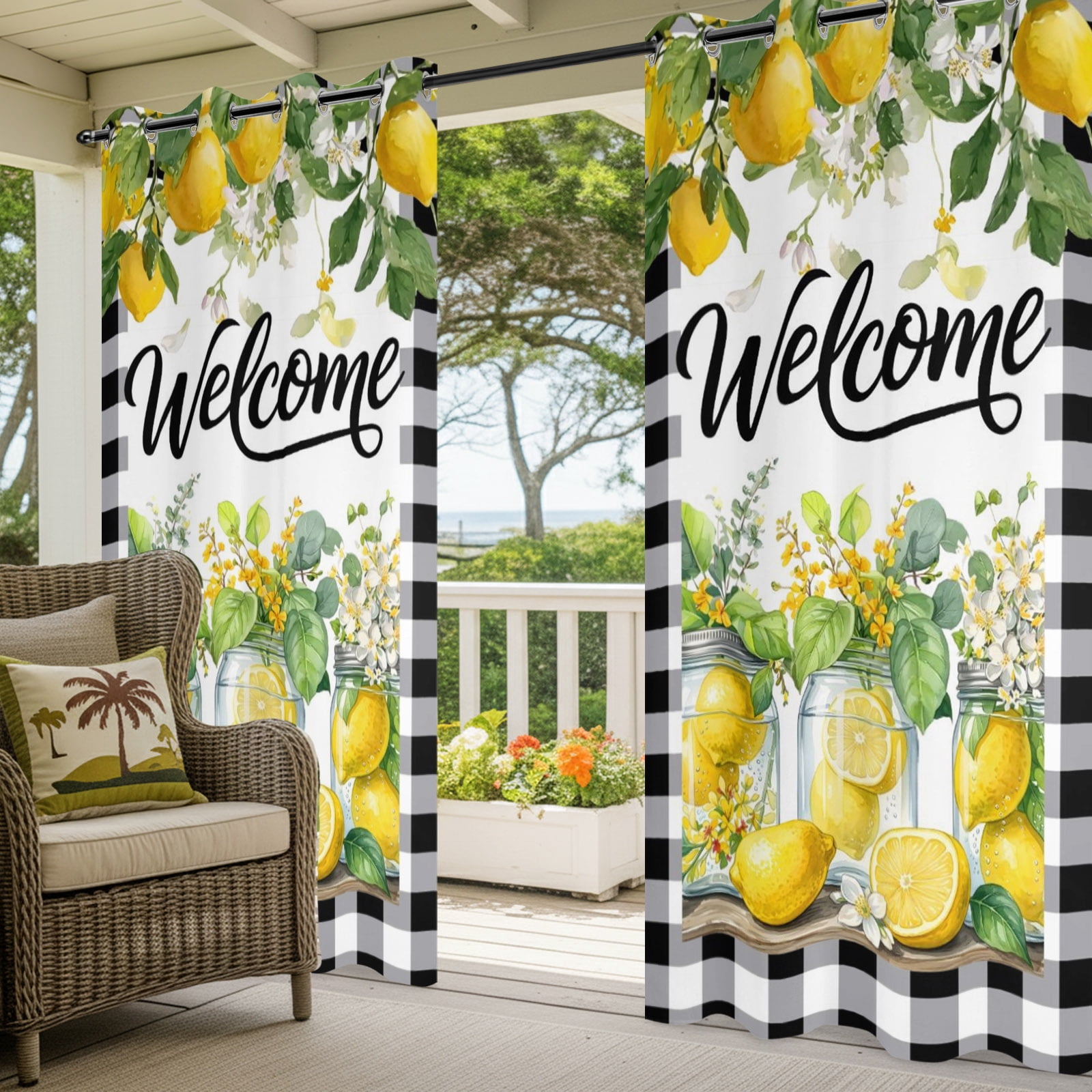 Yellow Lemons Outdoor Curtains for Patio, Welcome Summer Fruit Flower Botanical Black Plaid Sunshade Privacy Drapes Grommet Waterproof Outside Curtains for Porch/Cabana/Balcony 54"x 108", 1 Panel