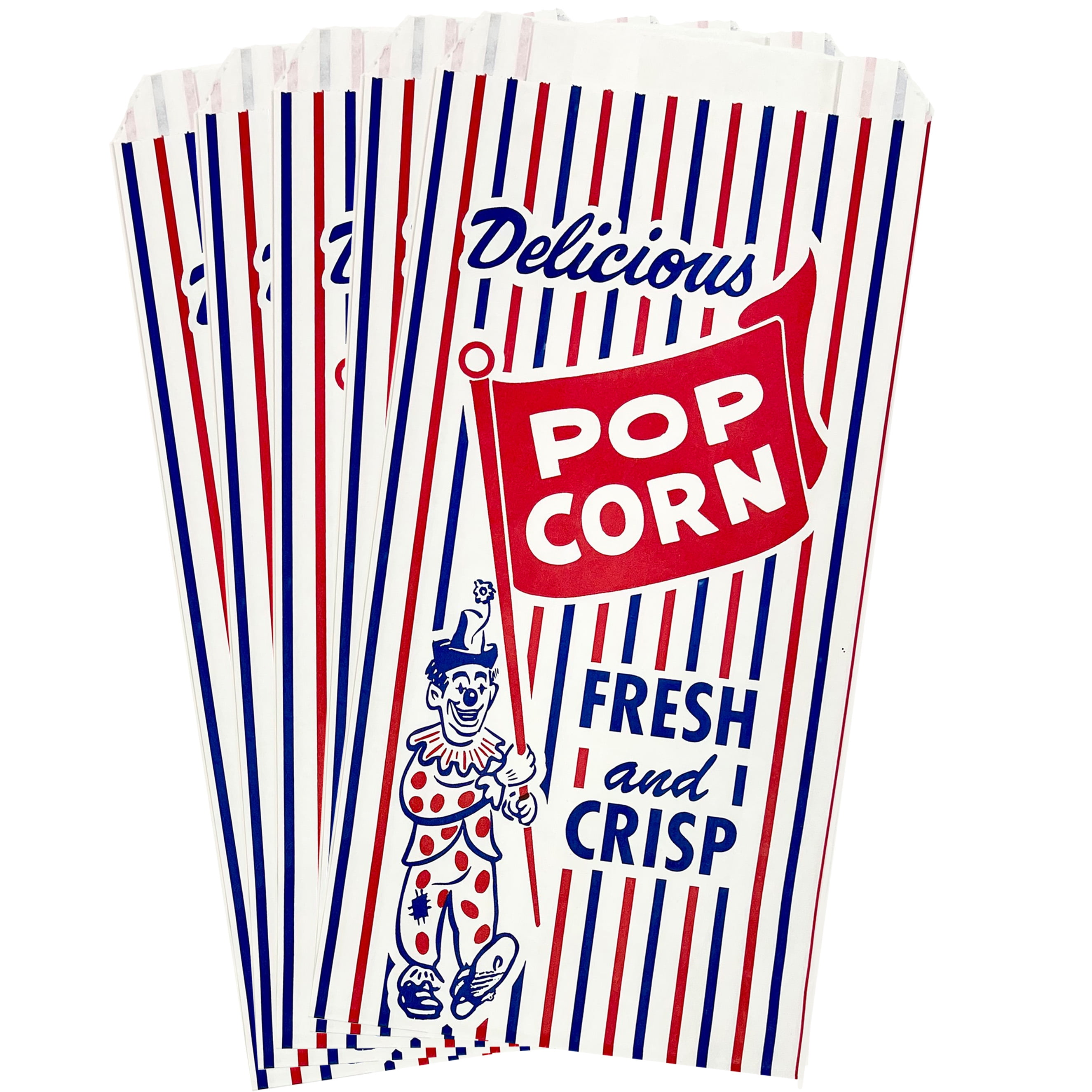 75 Paper Popcorn Bags - Red White and Blue - Clown Print