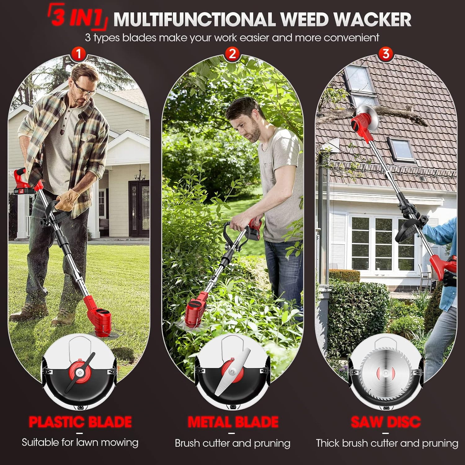 Cordless Weed Wacker 3-in-1 - Electric Grass Trimmer, Edger & Brush Cutter with 2Pcs 2.0Ah Batteries, 3 Types Blades, Lightweight & Adjustable for Yard, Garden, and Lawn Care
