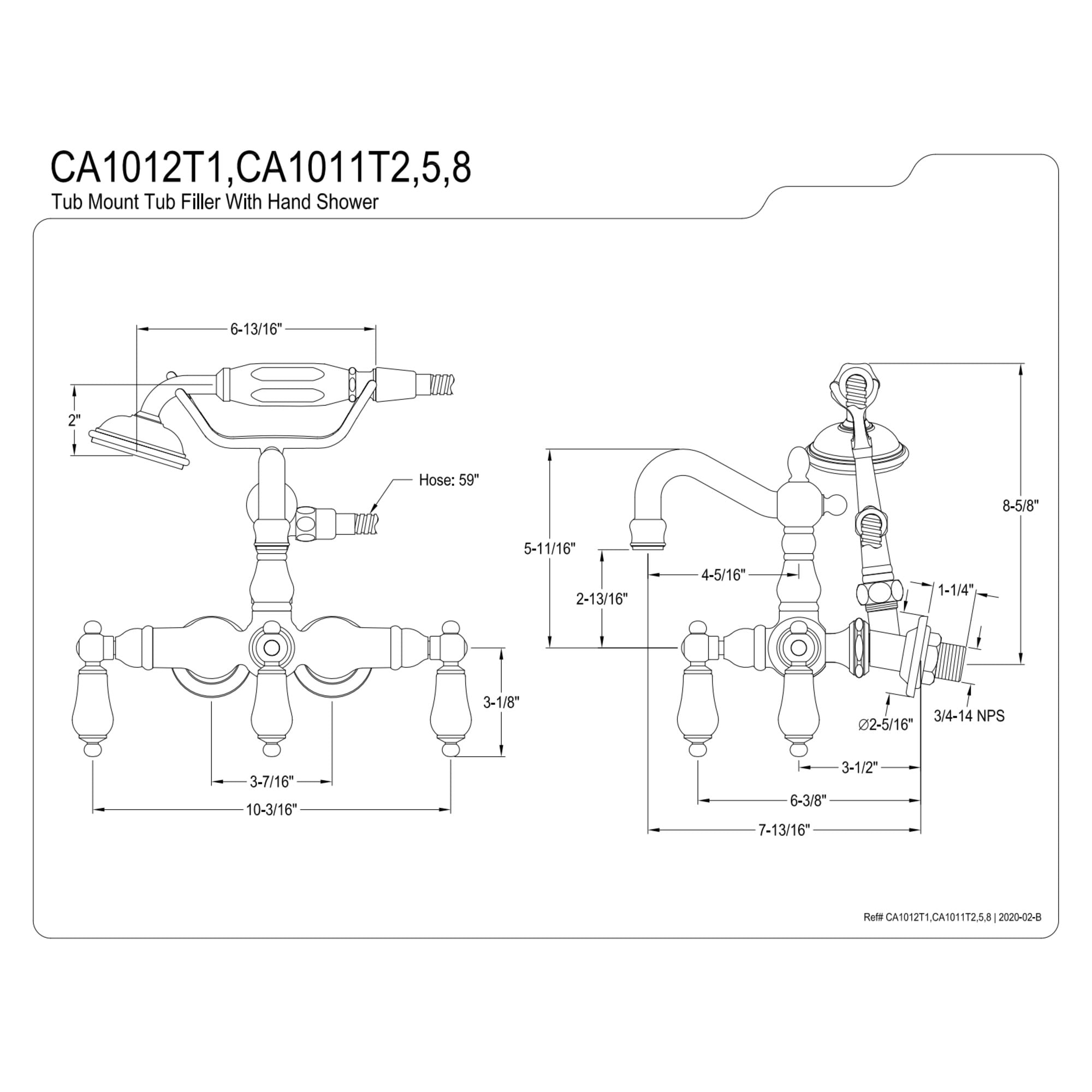 Kingston Brass CA1012T1 Heritage 3-3/8" Tub Wall Mount Clawfoot Tub Faucet with Hand Shower, Polished Chrome