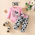thumbnail image 2 of Infant Boys Girls Long Sleeve Letter Cartoon Dairy Cow Prints Romper Bodysuit Pants Headbands Outfits Kaprioy Baby Girl Clothes, 2 of 6