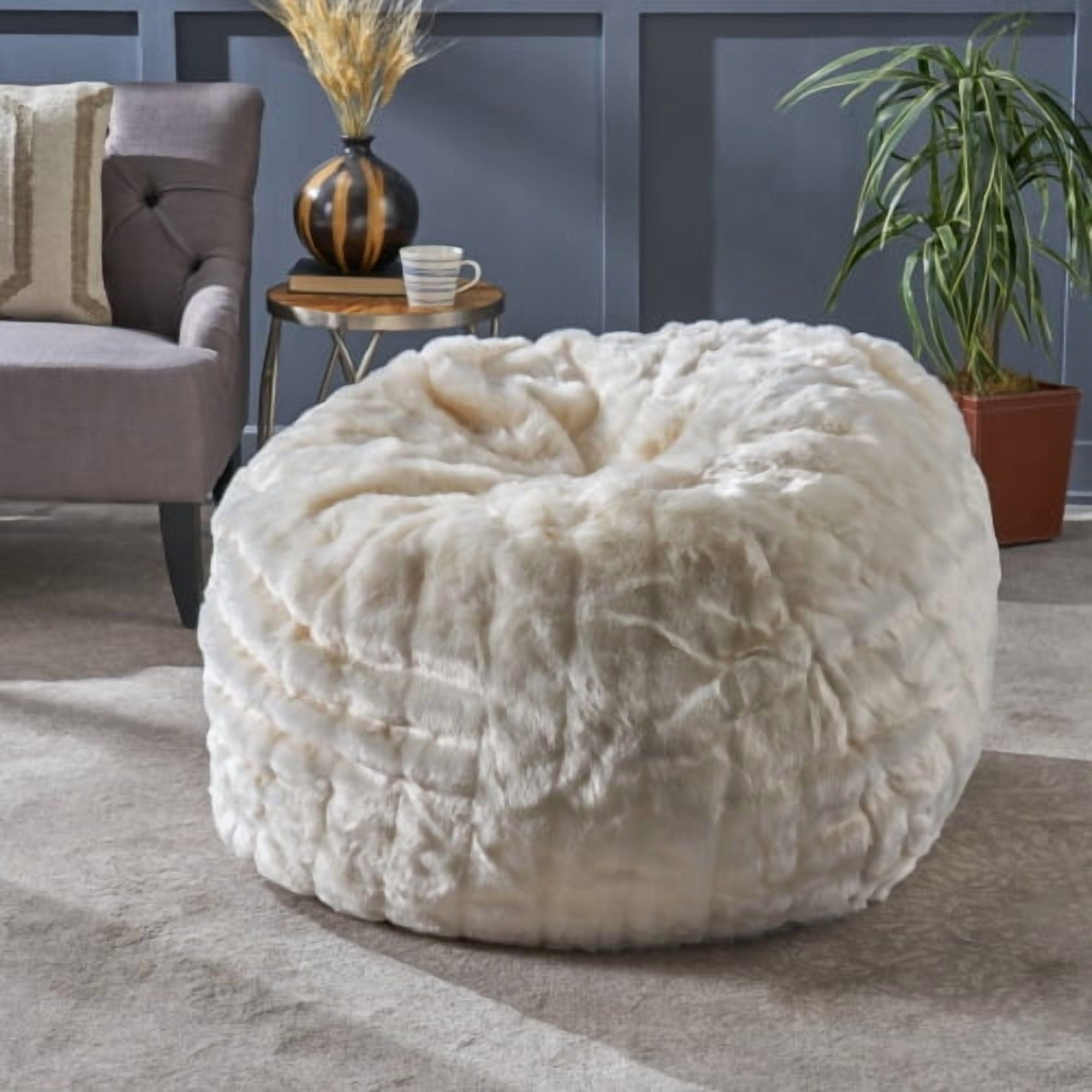 Bean Bag Chair 34 Inch, Faux Fur Round Lounge Chair with Soft Foam Filling, Comfy Floor Chair for Living Room and Bedroom, White