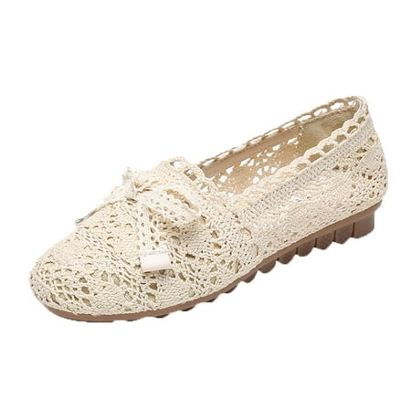 

Follure Girl women s casual shoes Women Casual Lace Mesh Face Bow Flat Sole Shoes Hollow Maternity Shoes Peas Shoe Beige 38