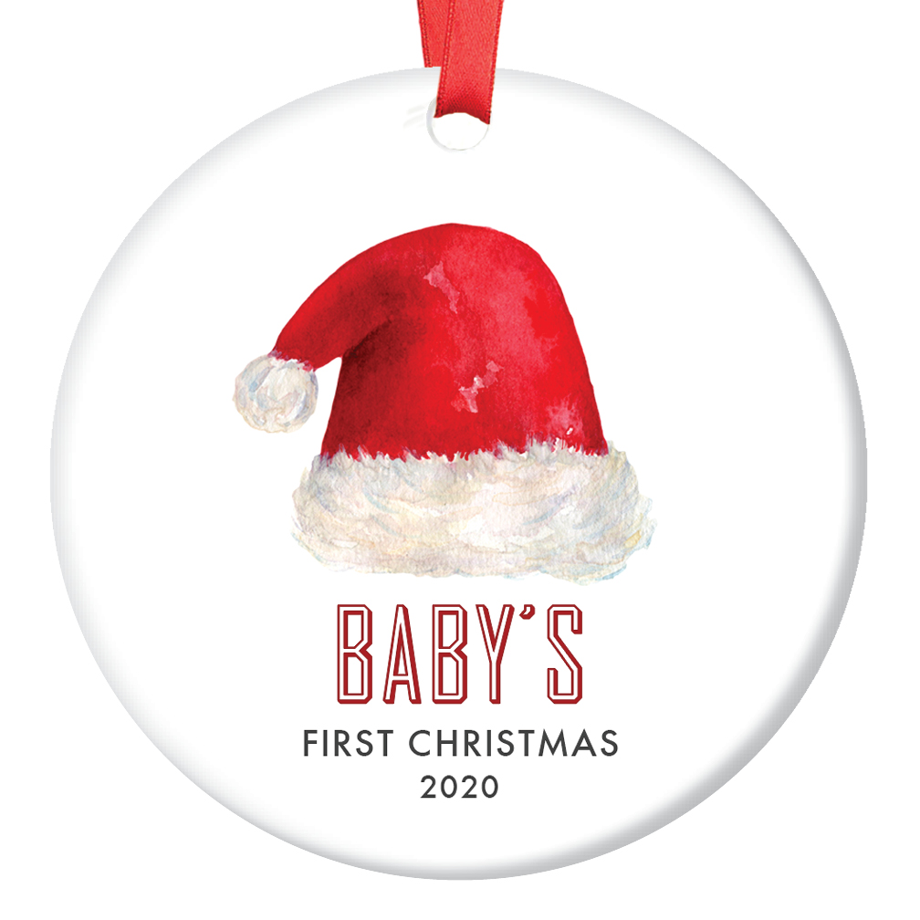 Baby's First Christmas Ornament 2020, Gender Neutral Santa Hat Baby's 1st Christmas Unisex Baby Boy or Girl Ceramic Present Baby Shower Keepsake Mom 3" Flat Porcelain with Red Ribbon & Free Gift Box - image 1 of 2