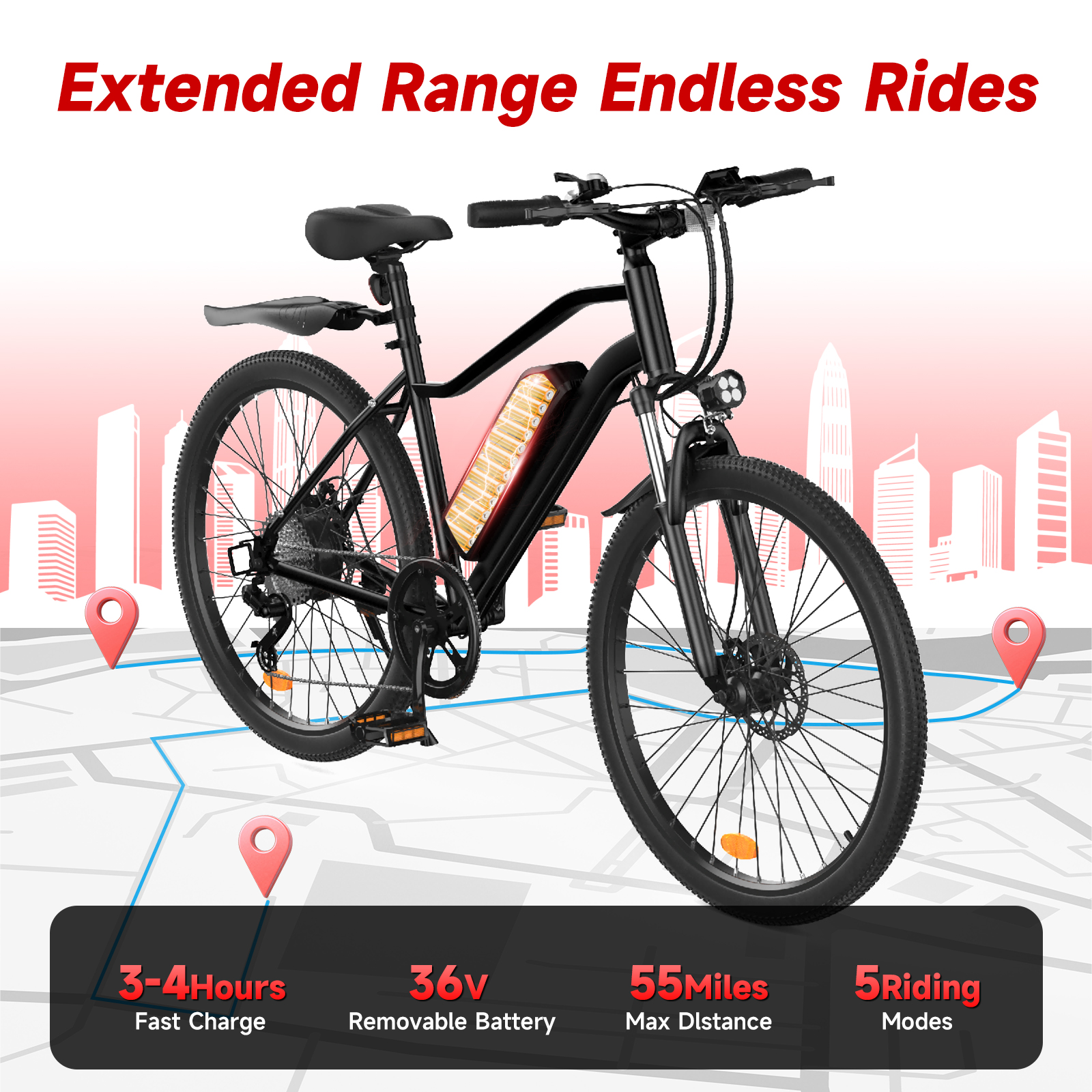 FlyORO 26in Electric Bike for Adults,500W Mountain Electric Bicycle with 13Ah Removable Battery,Front Damping System,Black