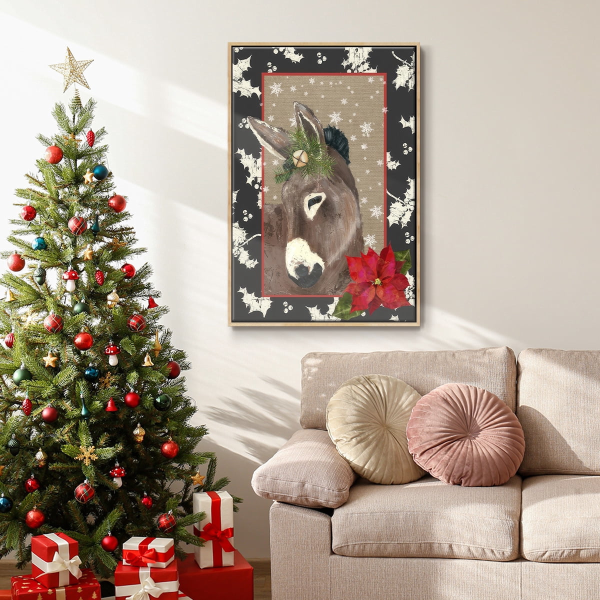 County Christmas Farm III - Framed Gallery Wrapped Holiday Canvas - 27 x 41 - Natural Wood Frame