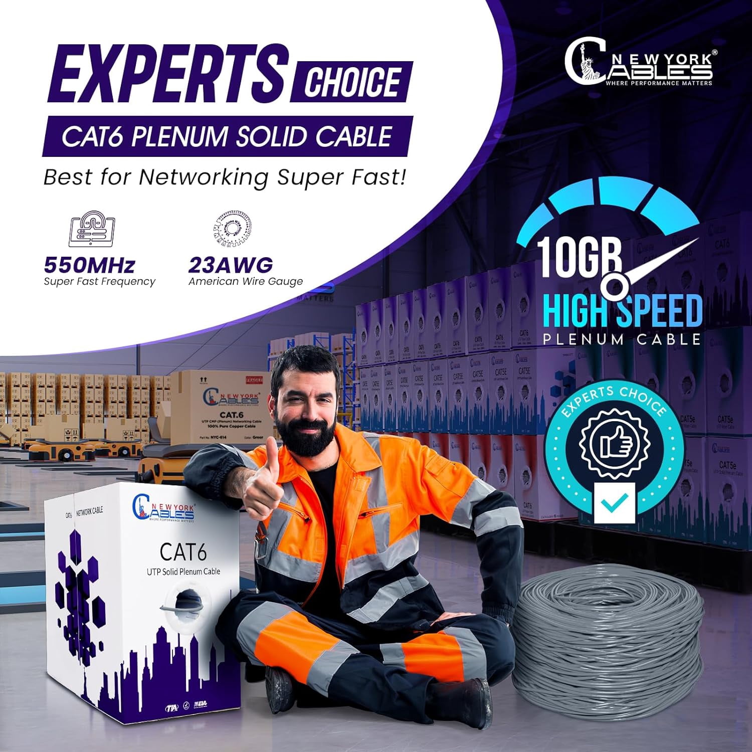 NewYork Cables Cat6 Plenum CCA 1000ft Bulk Ethernet Network LAN Cable UTP 4Pairs 550MHz 23AWG Grey