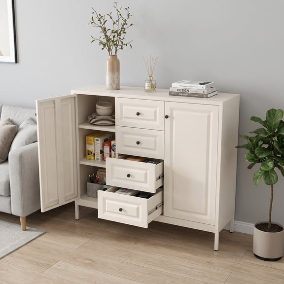 iooHug White Multi-Storage Sideboard Cabinet, Heavy-Duty Steel Buffet Cabinet with 4 Drawers & Adjustable Shelves for Kitchen, Living Room, Bedroom