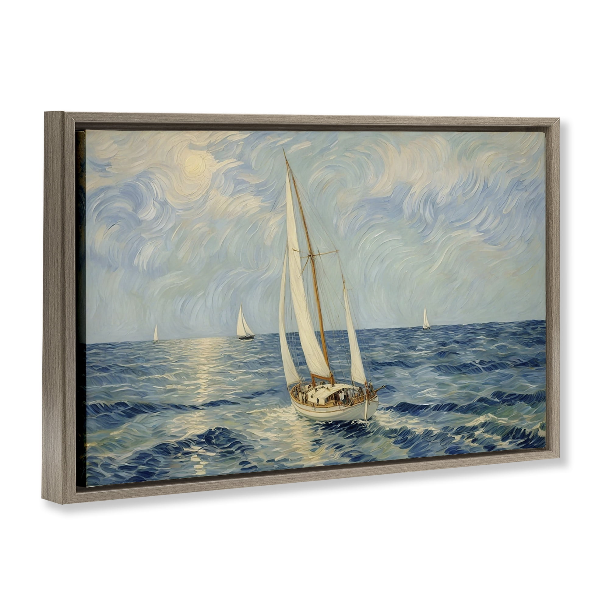 Stupell Industries Sailing Yacht on Blue Sea Brown Framed Floater Canvas Wall Art, design by Angie Hawke