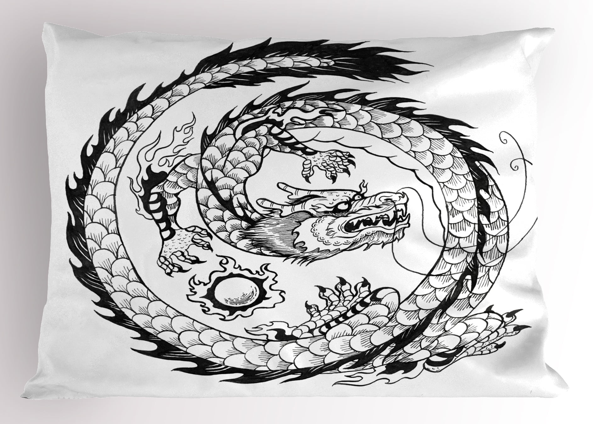 Japanese Swirled Dragon Pattern Folk Heritage Illustration Decorative 3 Piece Bedding Set with 2 Pillow Shams Ambesonne Dragon Duvet Cover Set Queen Size Black and White