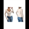 thumbnail image 3 of Camisetas Ajustadas con Cuello en Forma de Corazón para Mujer, Tops de Punto Acanalado con Mangas Largas Acampanadas Albaricoque XL, 3 of 7