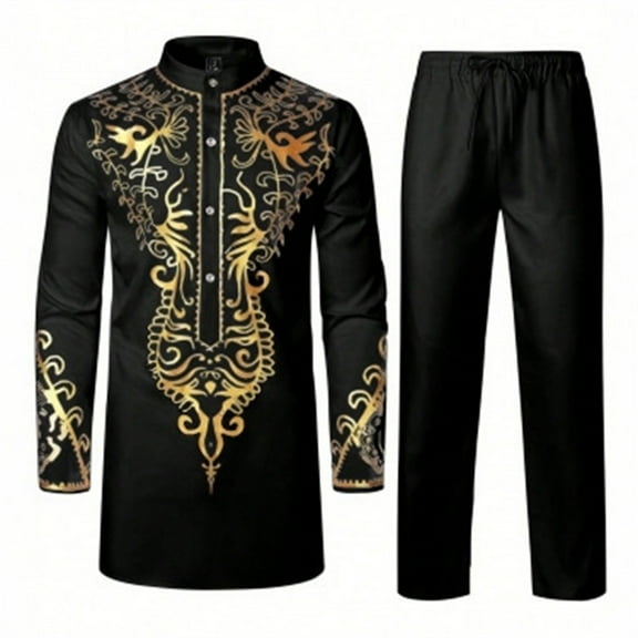 CONZONE Men's Outfit Sets Casual Ethnic Hot Gold Tops Pants Retro Suit for Men Cozy Fall Winter African Style Outfits