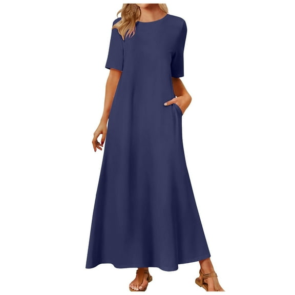 GEWSEY Women's Short Sleeve Loose Plain Maxi Dresses Casual Vacation Long Dresses with Pockets (Navy, M)