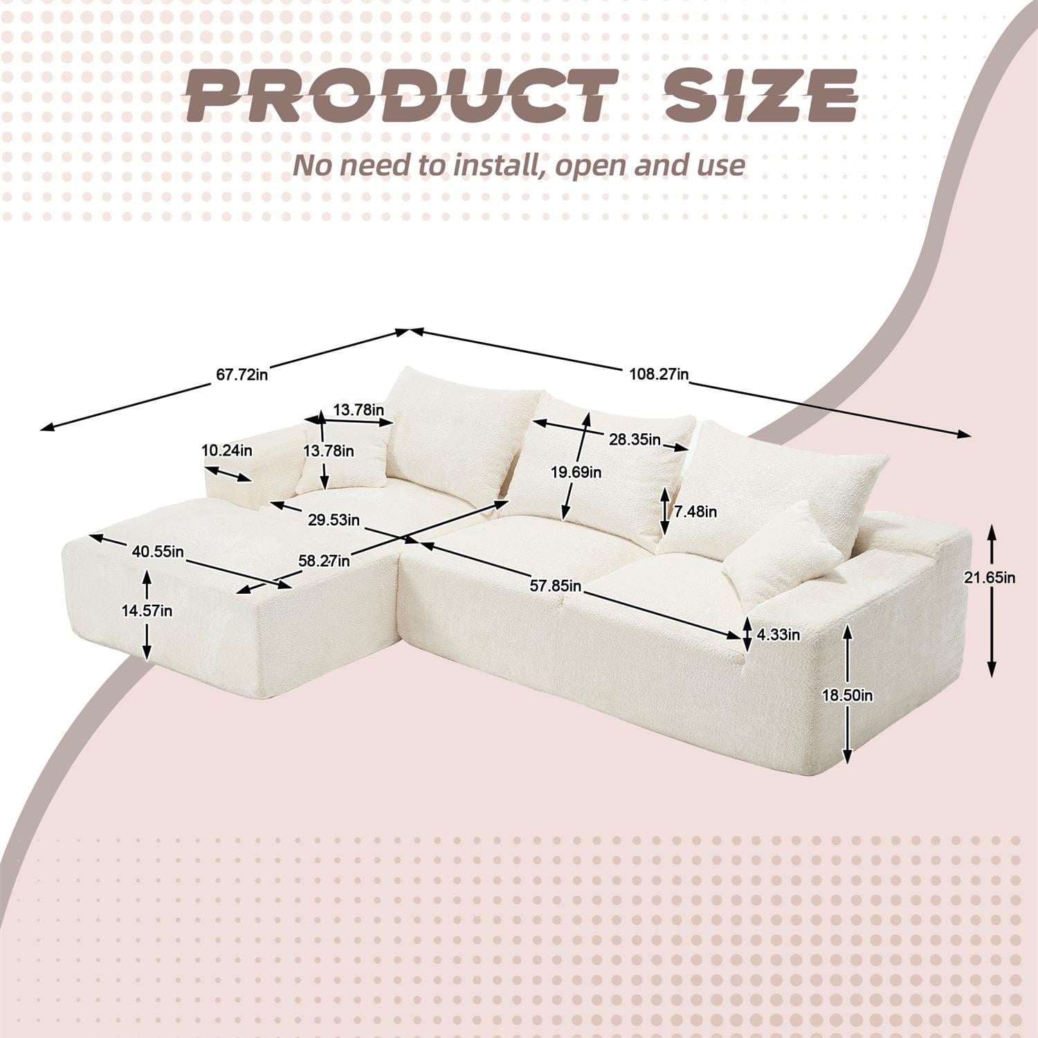 Demi Bonn 108" Modern L-Shaped Sofa, Premium Fabric Couch with Deep Seating, Freestyle Setup, No Assembly Needed for Living Room Relaxation, White