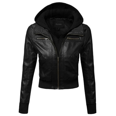 Via Spiga Leather Coat - FashionOutfit Women's Faux Leather Bomber Military Style Hooded Jacket Plus Size