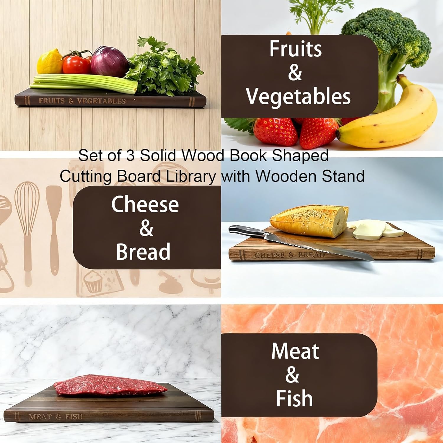 Cutting Board That Looks Like Books, Bamboo Cutting Boards for Kitchen, Large Wooden Cutting Board, for The Books Loving Chef, Fruits, Vegetables, Meat, Fish, Cheese and Bread