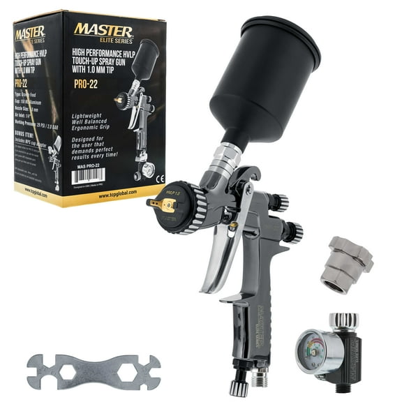Master Elite High-Performance PRO-22 Series HVLP Touch Up Spray Gun with 1.0mm Tip and Air Pressure Regulator Gauge - Detail Paint Sprayer, Spot and Panel Repairs, Door Jambs - Basecoats, Clearcoats