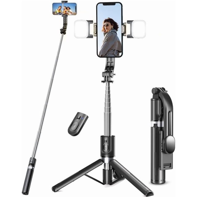 170cm Trípode,Palo de Selfie Todo en uno con luz de Relleno y Control Remoto inalámbrico,Transmisión En Vivo, Videoconferencia, Compatible para iPhone y Android,Negro