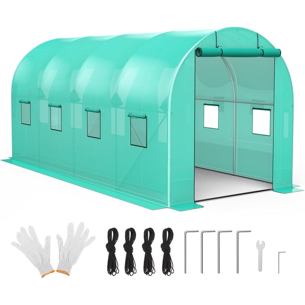 Invernadero de Túnel de 15x7x7 Pies con Estructura de Acero Galvanizado y 8 Ventanas de Malla, Casa de Plantas Resistente al Clima para Verduras