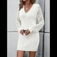 thumbnail image 5 of Women'S Mini Fitted Crochet Hollow-Out Sweater Sexy- Dress Dressy Casual Long Sleeve V Neck Knit Dresses White S, 5 of 8