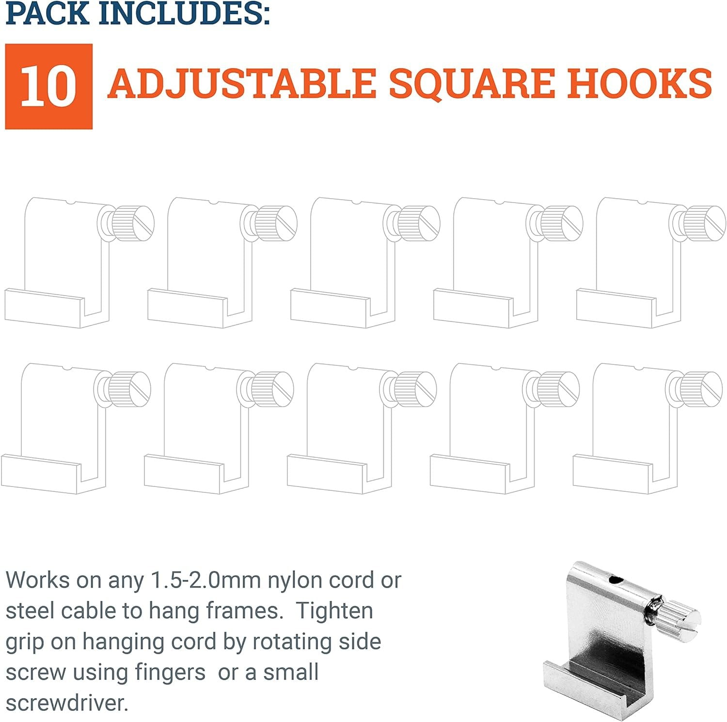 Picture Hang Solutions - Adjustable Gallery Hooks for Nylon or Steel Cables - Gallery Hanging System (10 pieces per pack)