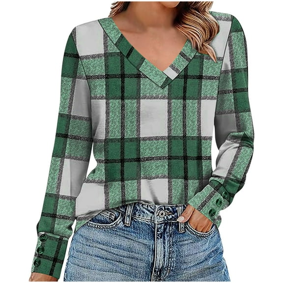 YUGYXL Women's Fashion Tunic Shirts V Neck Plaid Button Up Tops Long Sleeve Irregular Casual Comfort T-Shirts Green XXL